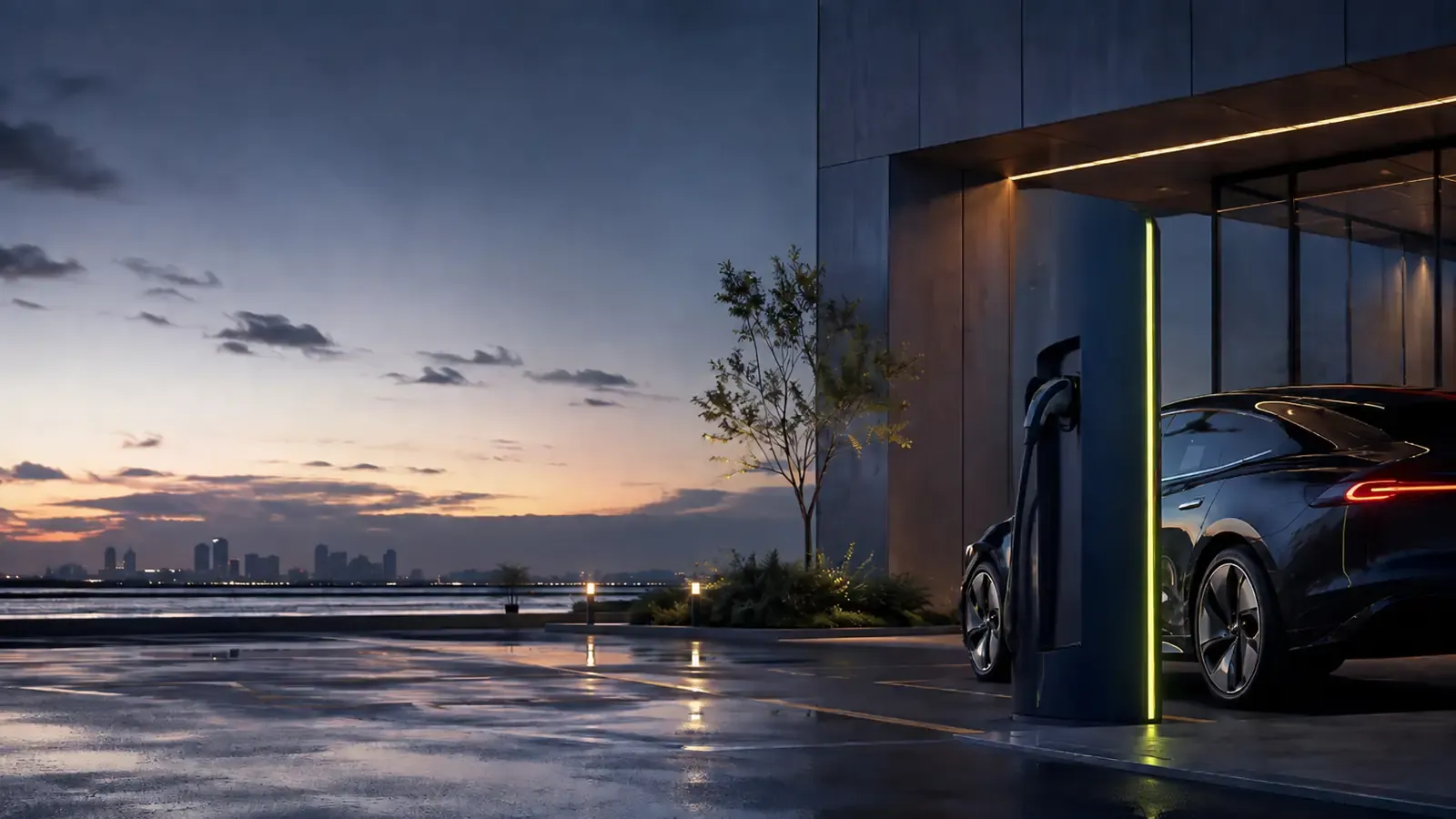 Punto de recarga eléctrica al atardecer